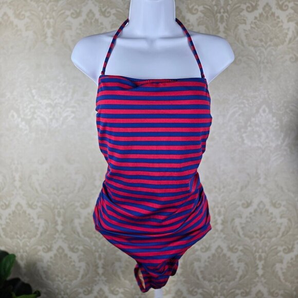 J Crew Size L Pink Blue Horizontal Striped One Piece Swimsuit Removable Strap - Picture 1 of 13